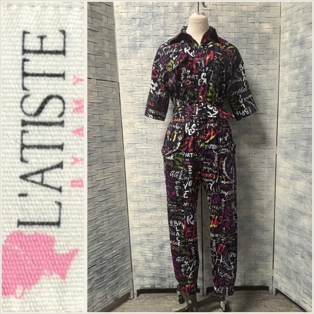 LATISTE BY AMY Small Graffiti Print Jumpsuit Button Down Shirt & Pants Set